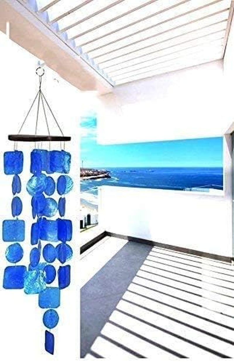 Wind Chimes for outside 27 Inch Unique Capiz Shells Sea Glass Aqua Blue Windchime for Outdoors Garden Decor Patio Lawn Yard Ranch Cottage Farmhouse Countryside Beach House