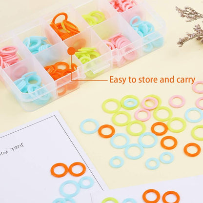 220 Pcs Random Colors O-Rings, Stitch Markers Rings(S/M/L) Crochet Locking Stitch Ring for Knitting/Crochet/Etc with 1 Pcs Storage Box
