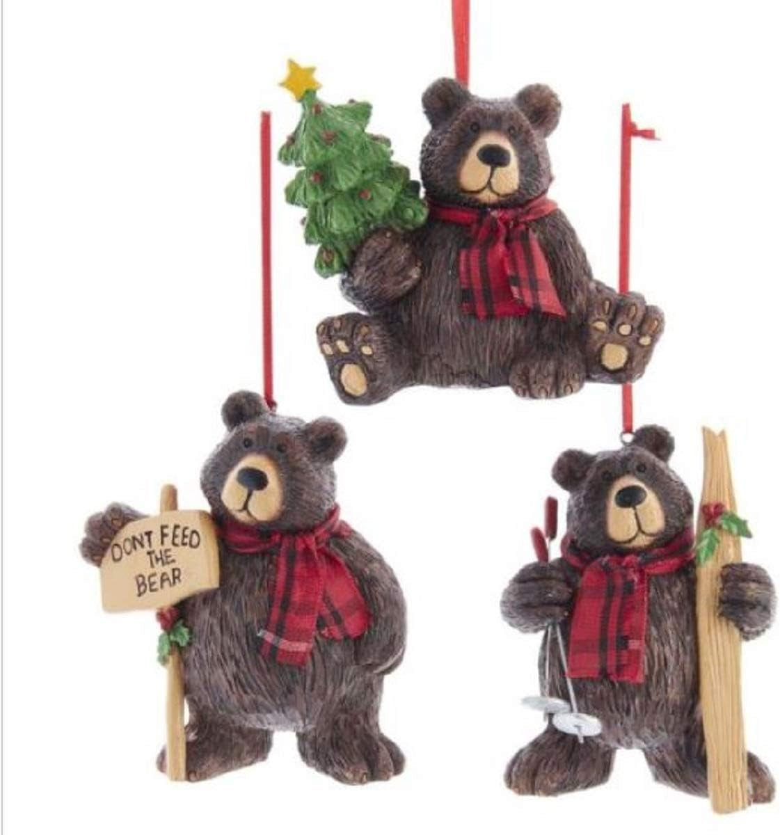 Lodge Bears in Red Plaid Scarves Christmas Holiday Ornaments Set of 3