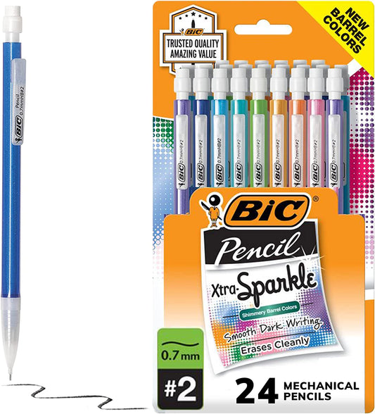 Xtra-Sparkle Number 2 Mechanical Pencils with Erasers (MPLP241-BLK), Medium Point (0.7Mm), 24-Count Pack, Cute Mechanical Pencils for Girls, Boys and Adults (Barrel Colors May Vary)