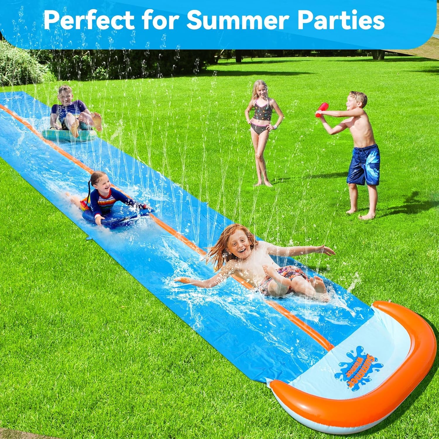 30FT Slip Lawn Water Slide, Extra Long Slip Splash and Slide for Kids and Adults Backyard, with 2 Sliding Lanes and 2 Inflatable Bodyboards with Central-Pipe Sprinkler, Outdoor Summer Water Toy…