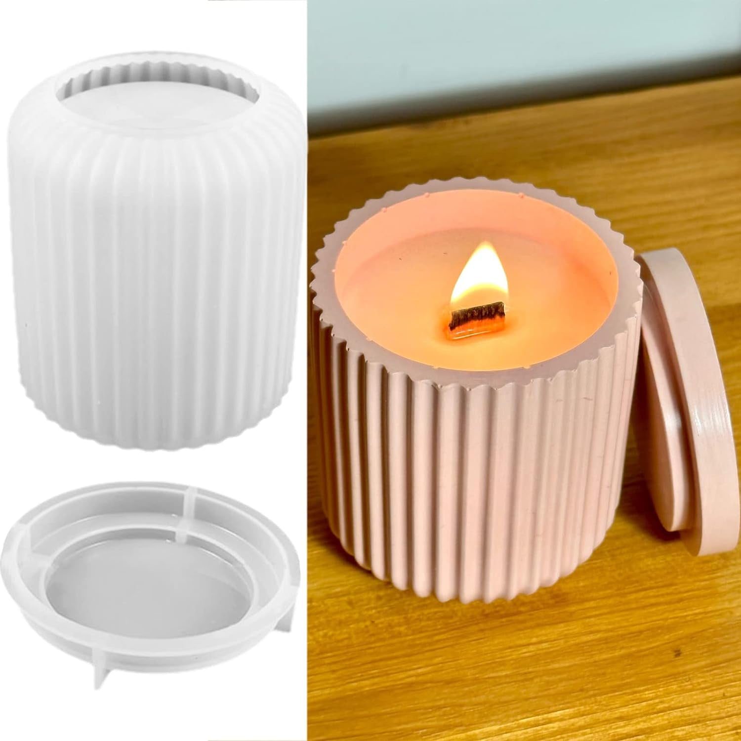 Storage Box with Lids Candle Jar Molds Set, Creative Silicone Candle Vessels Pot Molds, Concrete round Stripe with Cover Bottle Making Moulds for Storage Candle Holder (A)
