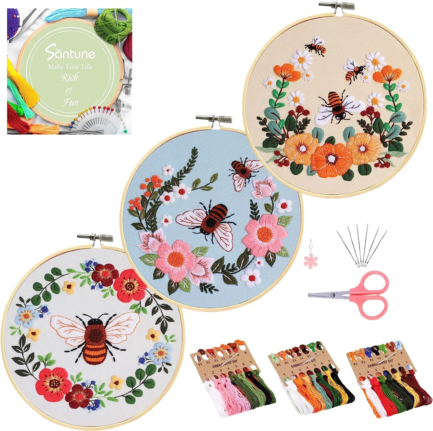 3 Sets Embroidery Kit for Beginners Needlepoint Cross Stitch Kits for Adults,Stitch Learning DIY Kit with Easy Instruction Video,Stamped Floral Embroidery Patterns,Hoop,Threads,Sewing Hobby