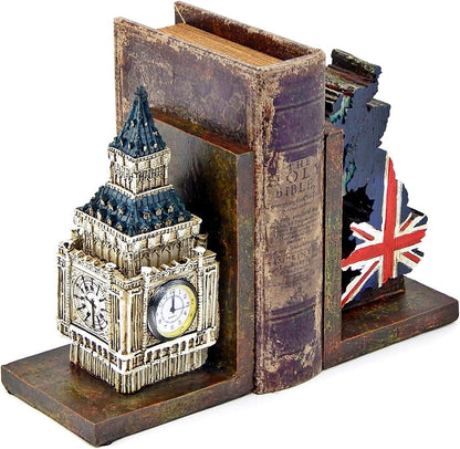  Decorative Bookends Big Ben Clock Tower London UK Flag Map Vintage Unique British Patriots Gifts Bibliography Home Decor Bookshelves Heavy Book Ends