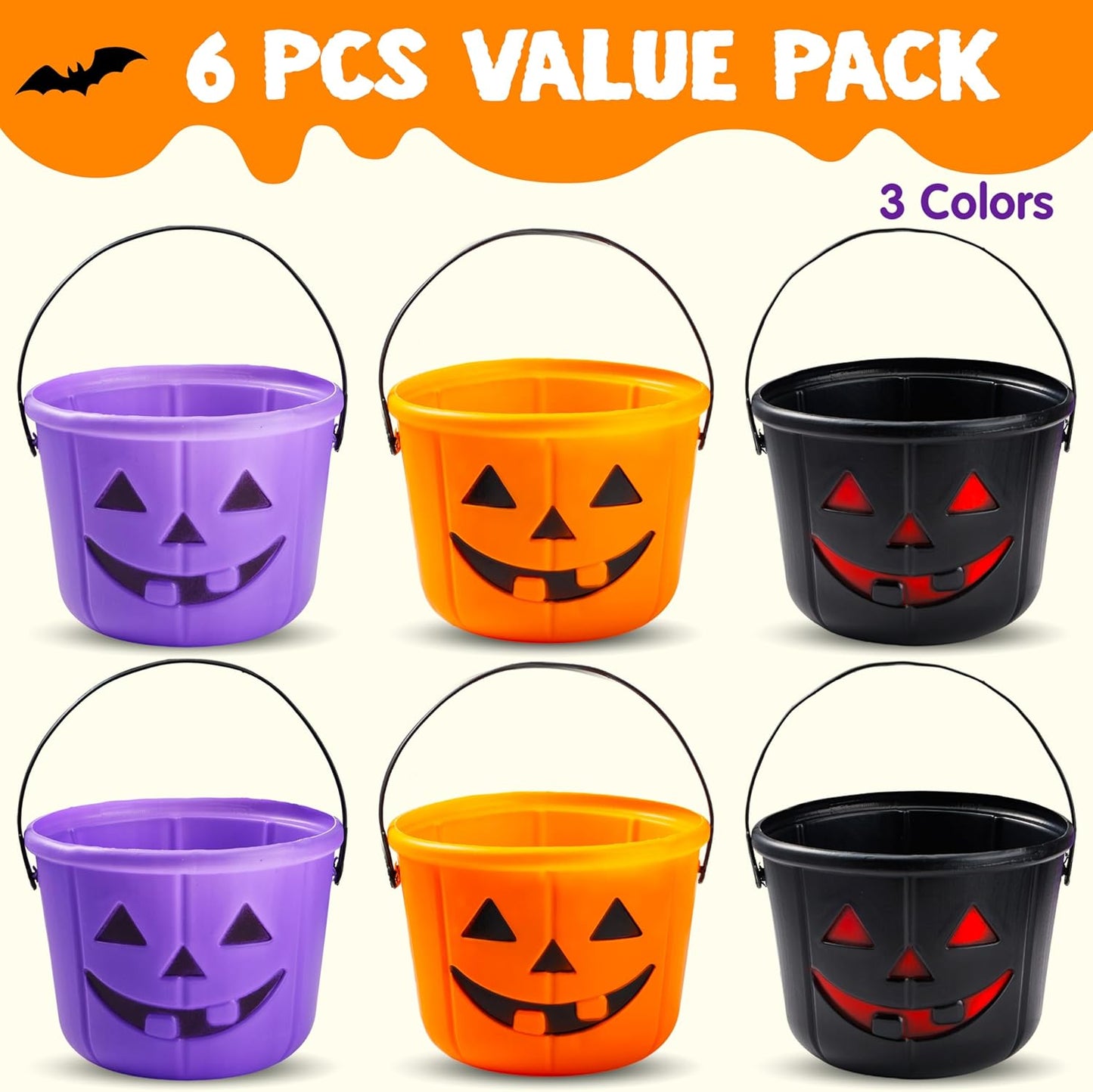 Halloween Trick or Treat Pumpkin Bucket, Orange Plastic Candy Bucket for Trick or Treating, Black Purple Jack O Lantern Basket and Pails with Handle for Kids Halloween Party Favor Supplies