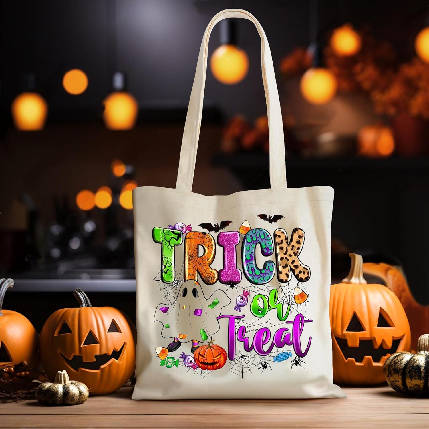 13" Halloween Tote Bag with Handles Halloween Candy Bag Reusable Canvas Bag for Trick or Treating Reusable Grocery Bags