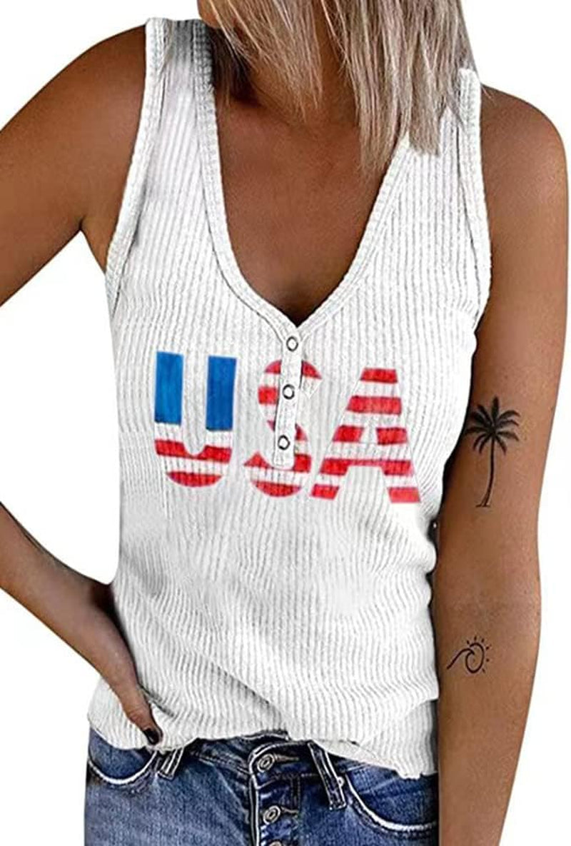 Womens American Flag Button V-Neck Tank Coloful Printed Sleeveless Patriotic Shirts Summer Tops