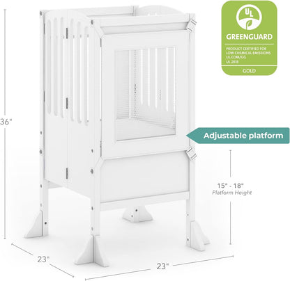 Kitchen Helper® Toddler Tower Step Stool - Contemporary - White: Folding Adjustable Height Montessori Wooden Learning Furniture with Keepers
