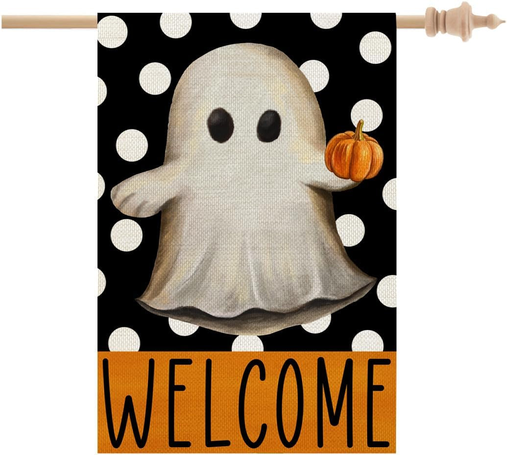 Halloween Ghost House Flag 28X40 Inch Double Sided Large Burlap for outside Welcome Polka Dots Holiday Yard Flag CF1066-40