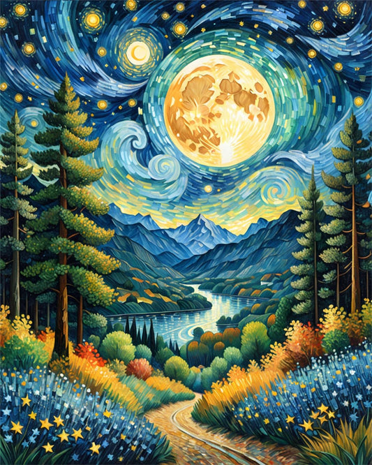 Moon Paint by Numbers Kit for Adults Beginner Forest Adult Paint by Number Kits on Canvas Adults' Paint-By-Number Kits DIY Oil Painting Kits for Gift Home Wall Decor 16X20 Inch