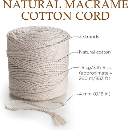 Macrame Cord 4 Mm * 284 Yd (853 Feet) - 3PLY Cotton Rope for Macrame Dream Catcher, Wall Hanging, Plant Hanger, Gift Wrapping and Wedding Decorations