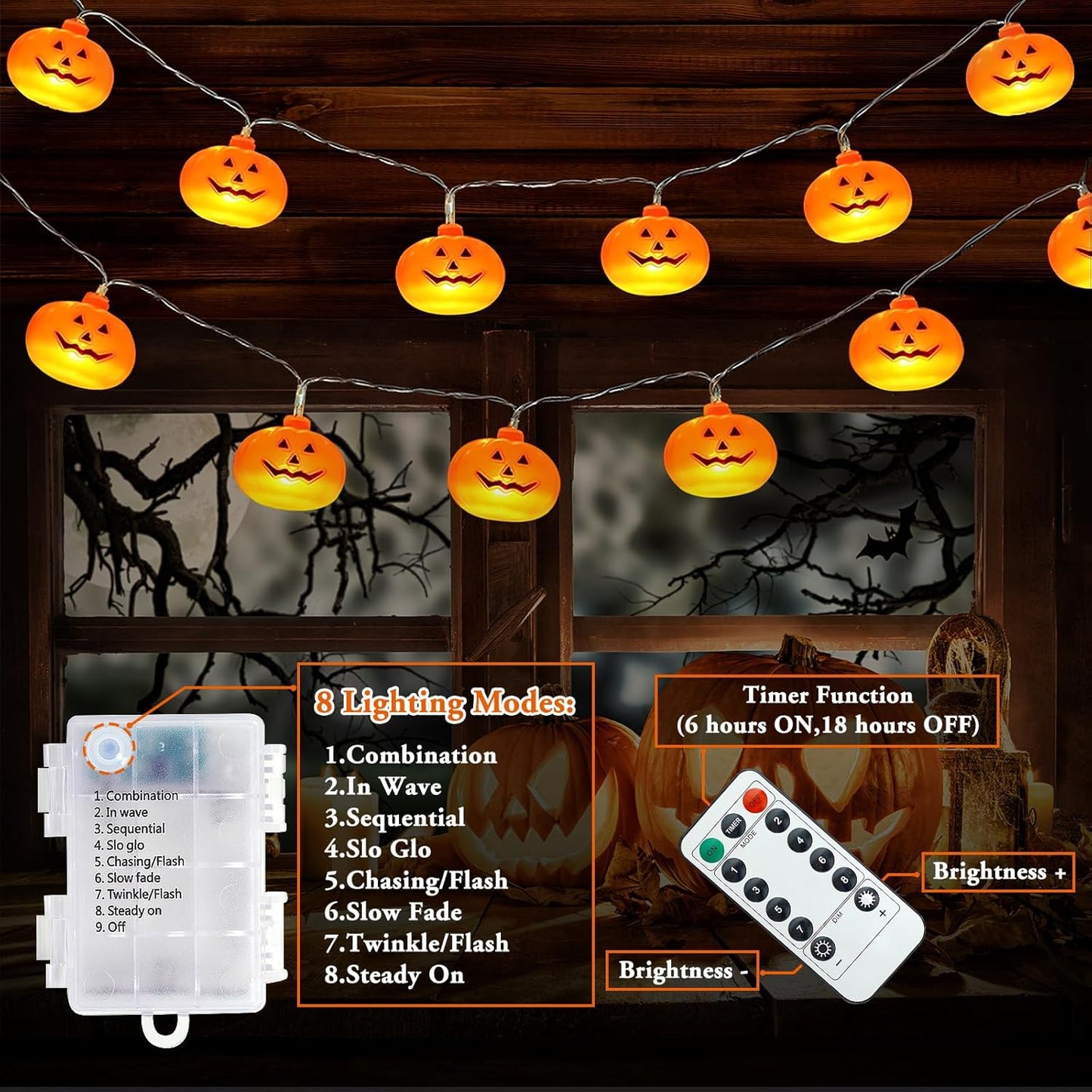 Halloween Lights, 20FT 40 Leds Pumpkin String Lights, Battery Operated 8 Lights Modes Timer 3D Waterproof Pumpkin String Lights for Halloween Decorations, Outdoor Indoor Decor Candy Party Favor