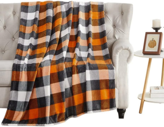 Fall Plaid Blanket Throw: Orange Black White Farmhouse Tartan Print on Velvet Fleece, 50" X 70" for Sofa Couch Bed Outdoor Events