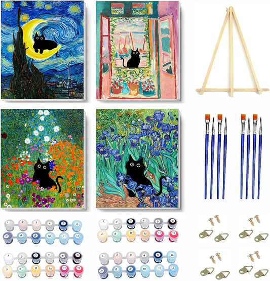 4 Pack Paint by Numbers Kit for Adults Framed Canvas - with Wooden Easel,Paint by Numbers for Kids Ages 8-12,Van Gogh'S Starry Black Cat DIY Acrylic Landscape Oil Painting Arts Crafts 7.8X11.8Inch