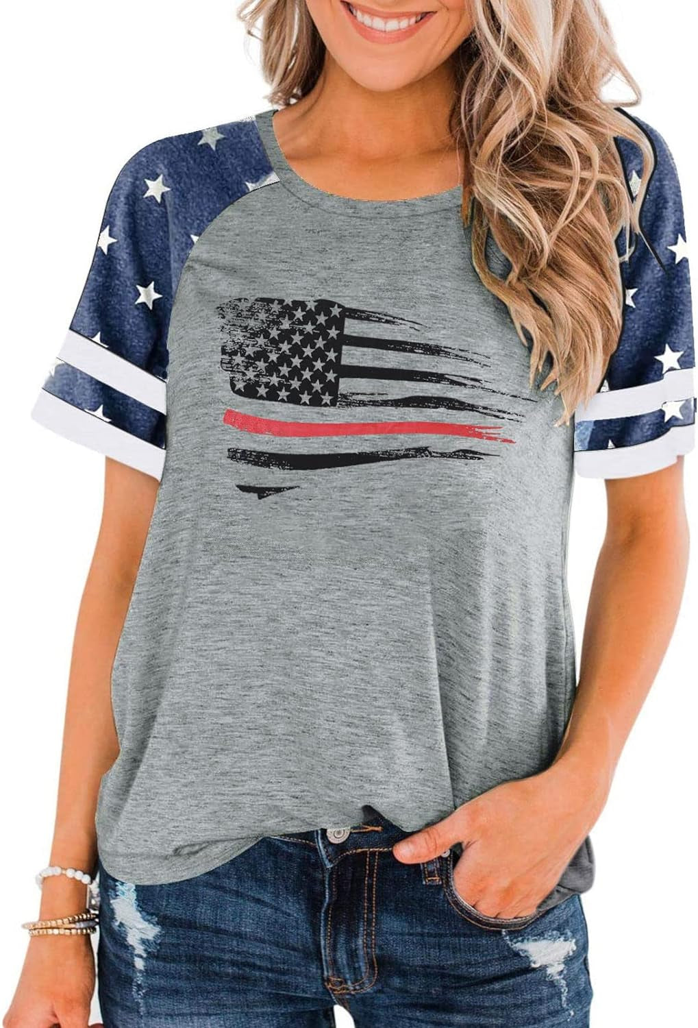 American Flag T Shirt Patriotic Shirts Women Veteran Shirt Raglan Short Sleeve Stars Stripes Top Tees