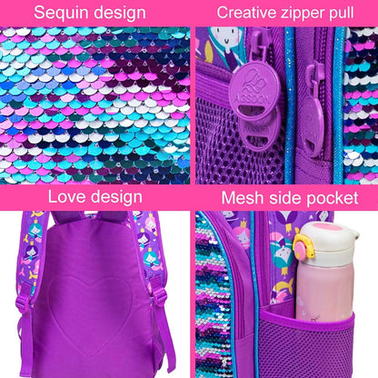 3PCS Unicorn Backpack for Girls, 16" Little Kids Sequin Preschool School Bookbags and Lunch Box