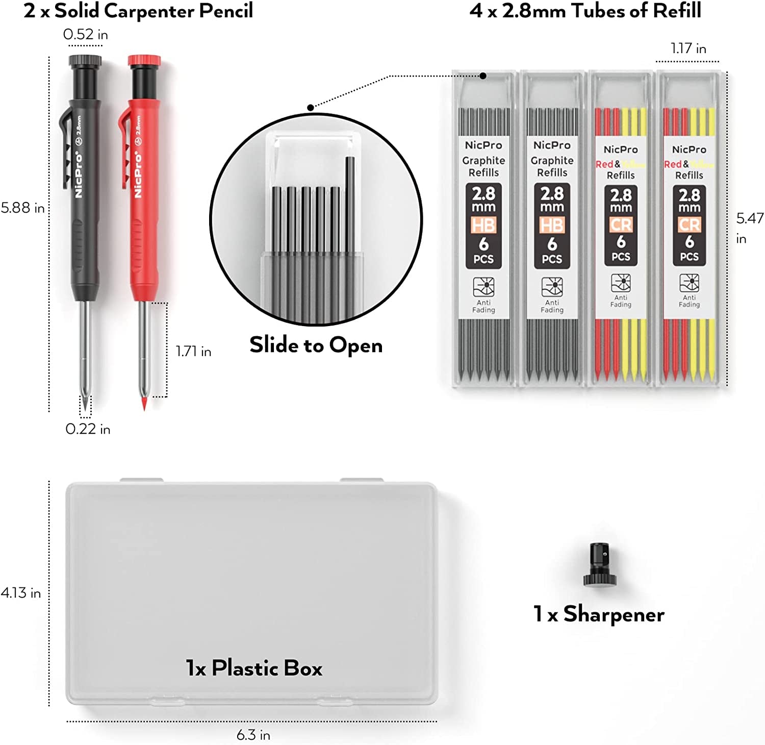 Carpenter Pencil with Sharpener, Mechanical Pencils Set with 26 Refills, Deep Hole Marker for Construction, Heavy Duty Woodworking Pencils for Architect (Black, Red) - with Case