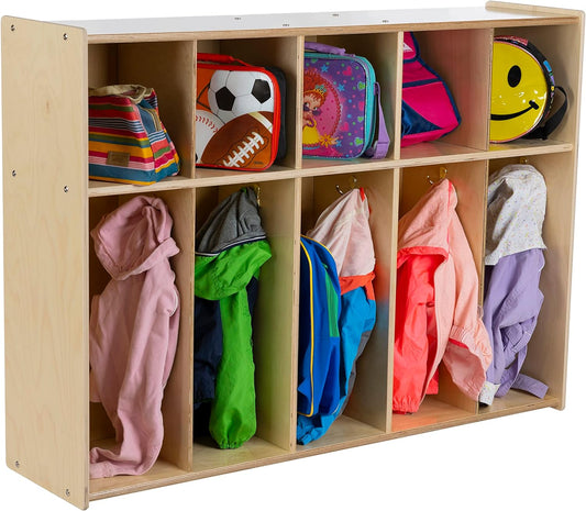 5-Section Coat Locker with Cubbies, Wooden Backpack Storage Organizer with Coat Hooks and Cubby Storage Organizer Cubes for Kids, Daycare, Classroom