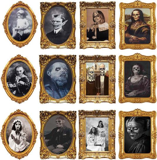 Halloween Decorations Indoor Scary 3D Changing Face Pictures, Moving Portrait Frame Decor, for Horror Party Ghost Castle Haunted House Home Decoration (12 Pieces)