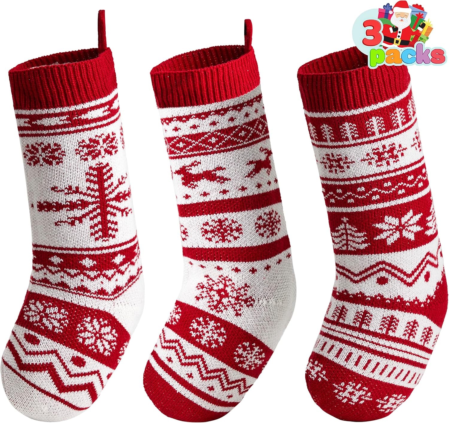 3 Pack 18" Knit Christmas Stockings, Large Rustic Yarn Xmas Stockings for Family Holiday Decorations