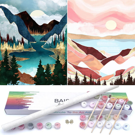 Paint by Numbers Kit for Adults Beginners,12" Wx16 L 2 Pack Canvas Pictures Drawing Paintwork with 8 Pcs Wooden Paintbrushes,Acrylic Pigment in Gift Box-1112