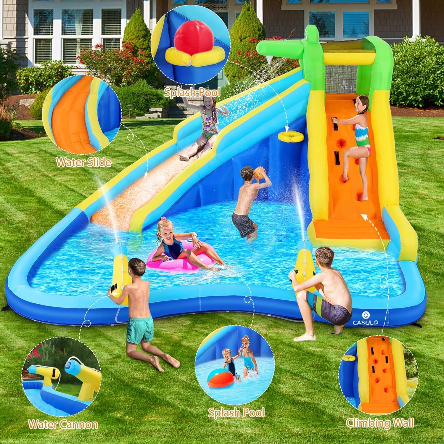 Inflatable Water Slide, 6 in 1 Outdoor Inflatable Water Park with Climbing, Basketball Rim, Splash Pool, Water Cannon, Blow up Water Slides for Kids Backyard