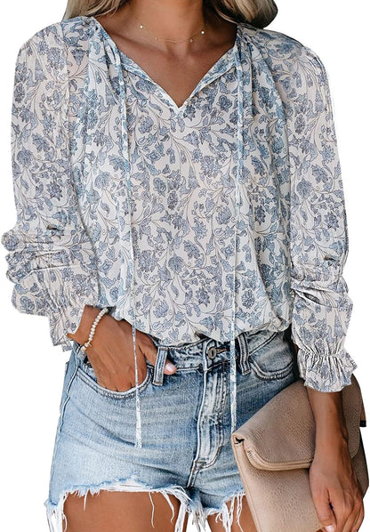 Women'S Casual Boho Floral Printed V Neck Tops Drawstring Short Long Sleeve T Shirt Blouses