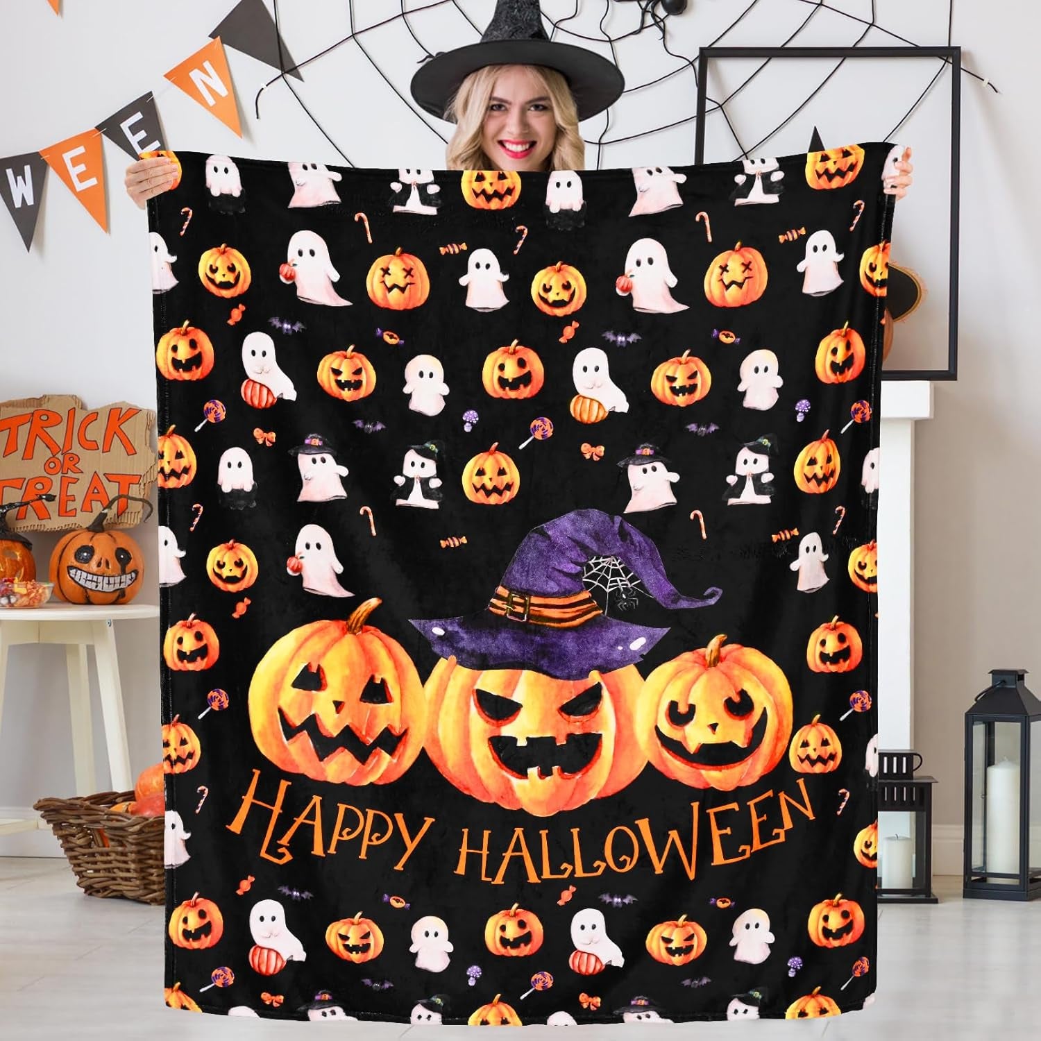 Halloween Throw Blanket Cute Pumpkin Black Blanket Halloween Blanket Flannel Throw Blanket for Couch Super Soft Cozy Comfy for Chair, Bed, Sofa, 50X60 In