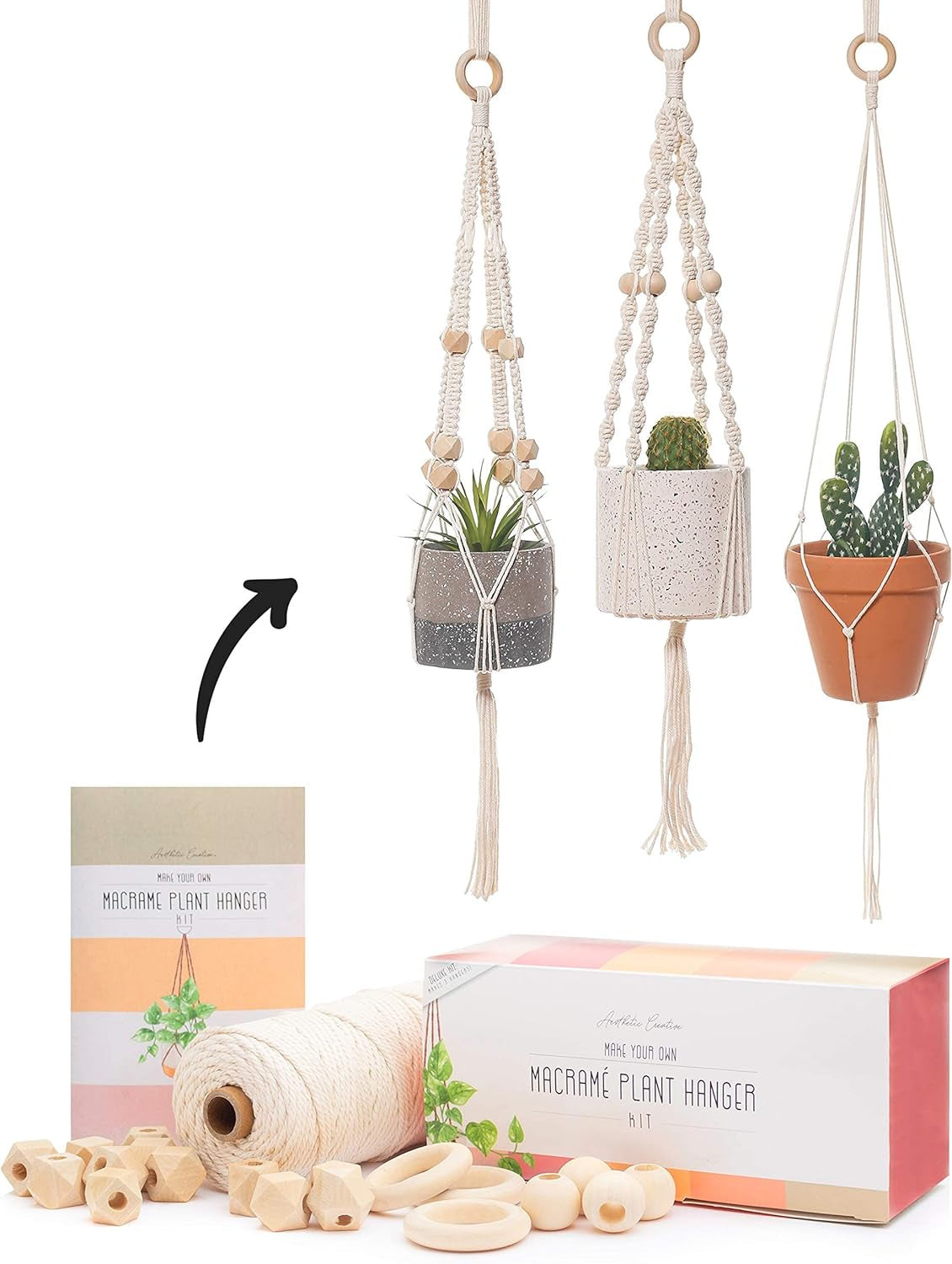 Macrame Kit - Makes 3 Macrame Plant Hangers with Easy to Follow Instructions for Adult Beginners - Includes 109 Yards 3Mm Cotton Macrame Cord, Natural Wooden Beads & Custom Instruction Booklet