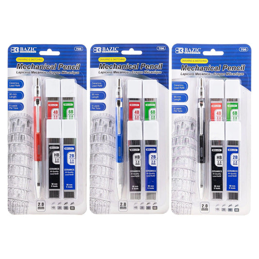 2.0 mm Mechanical Pencil with HB, 2B, 4B & 6B Lead, Assorted Barrel Color, Pack of 3 - Loomini