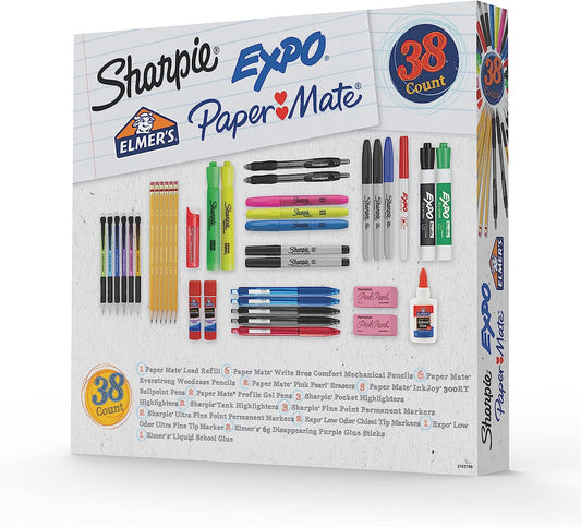 School Supplies Kit, Highlighters, Mechanical Pencils, Glue Sticks, Erasers, Permanent Markers, Gel Pens, Pencils, School Glue and More from , Elmer’S, Paper Mate, & Expo, 38 Pieces