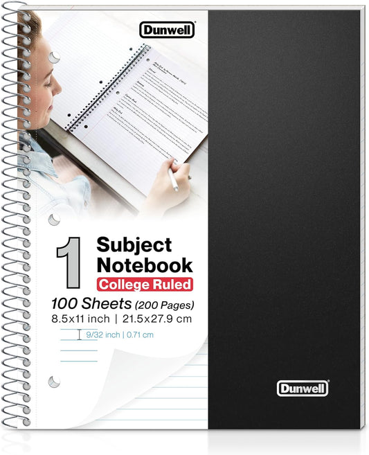 1 Subject Spiral Notebook 8.5 X 11 – Black Plastic Cover College Ruled Notebook, 100 Sheets, One Subject Notebook with Perforated Paper, Inner Pockets, Spiral Notebook for School Note Taking