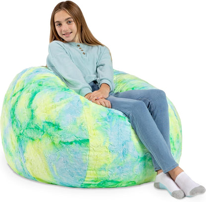 Saxx 3 Foot Bean Bag Chair - Faux Fur - Fun Colors, Unicorn Pink with Removable Cover