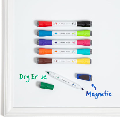 Magnetic Double-Ended Dry Erase Markers with Erasers, Set of 6, Assorted Colors, Low-Odor, Bullet (3 Mm) Point