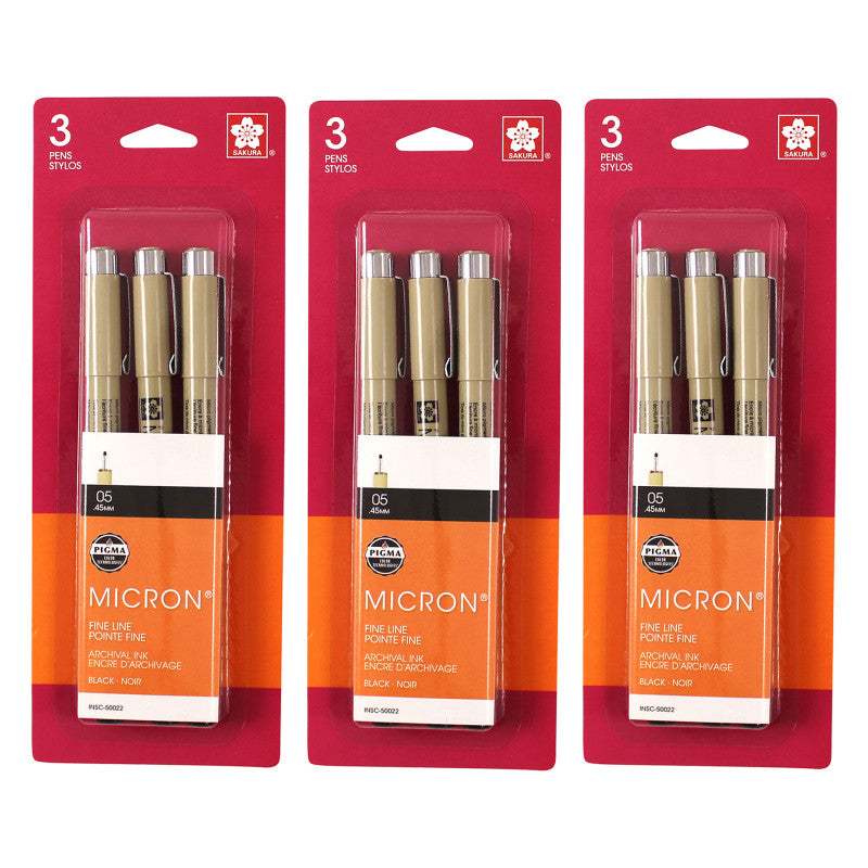 Pigma Micron Pens, Size 05 Fine Point, Black, 3 Set, 3 Sets