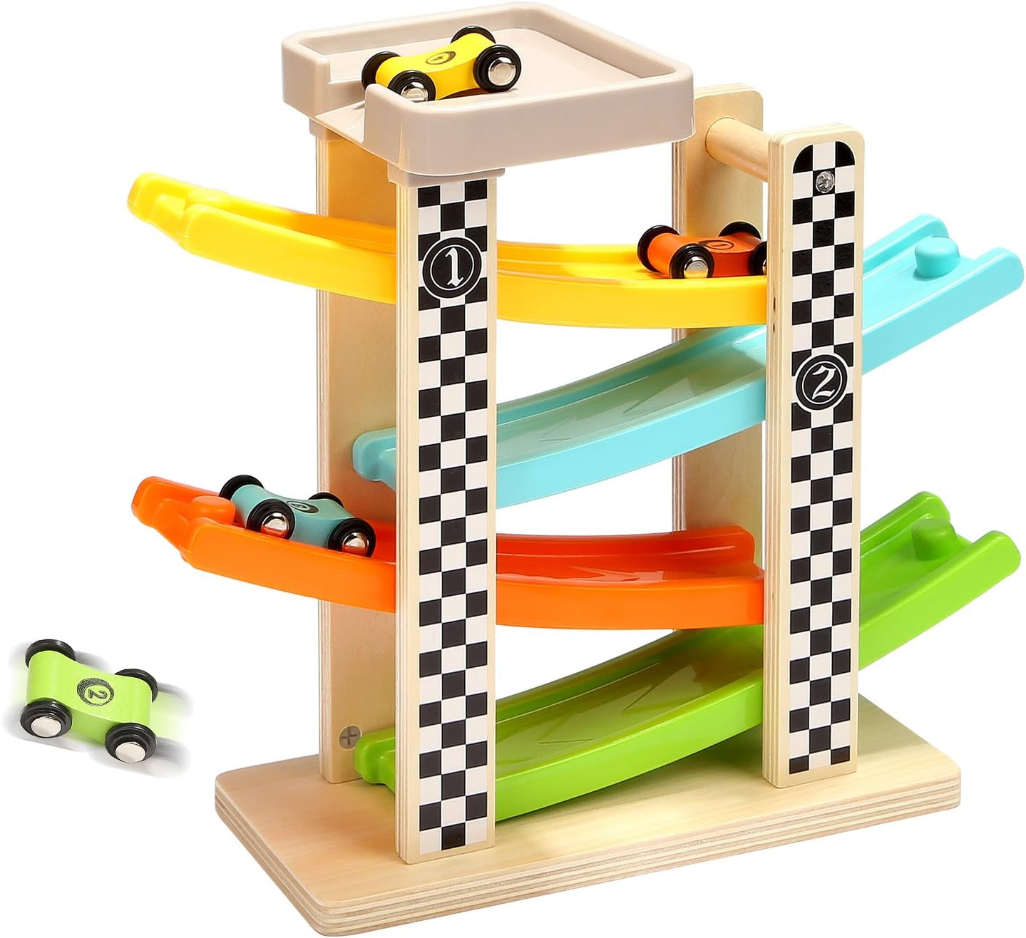 Toddler Toys for 1 2 Year Old Boy and Girl Gifts Wooden Race Track Car Ramp Racer with 4 Mini Car