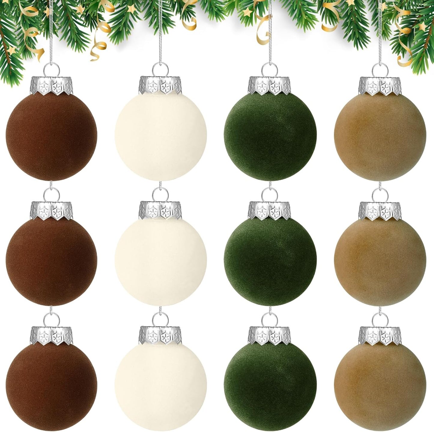 12 PCS Christmas Large Velvet Balls Ornaments 2.36In Shatterproof White Green Tree Hanging Plastic Ball Set Xmas Bulk Flocked Ornaments for Christmas Tree Home Party Wreath Decorations