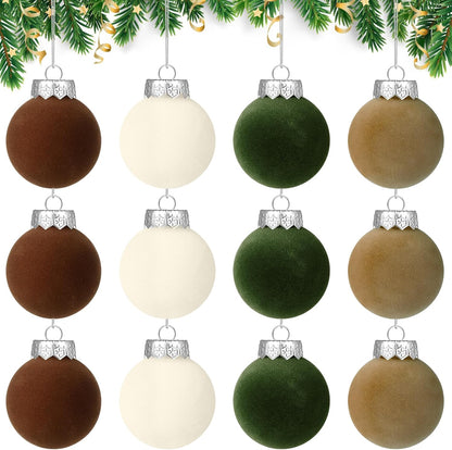 12 PCS Christmas Large Velvet Balls Ornaments 2.36In Shatterproof White Green Tree Hanging Plastic Ball Set Xmas Bulk Flocked Ornaments for Christmas Tree Home Party Wreath Decorations