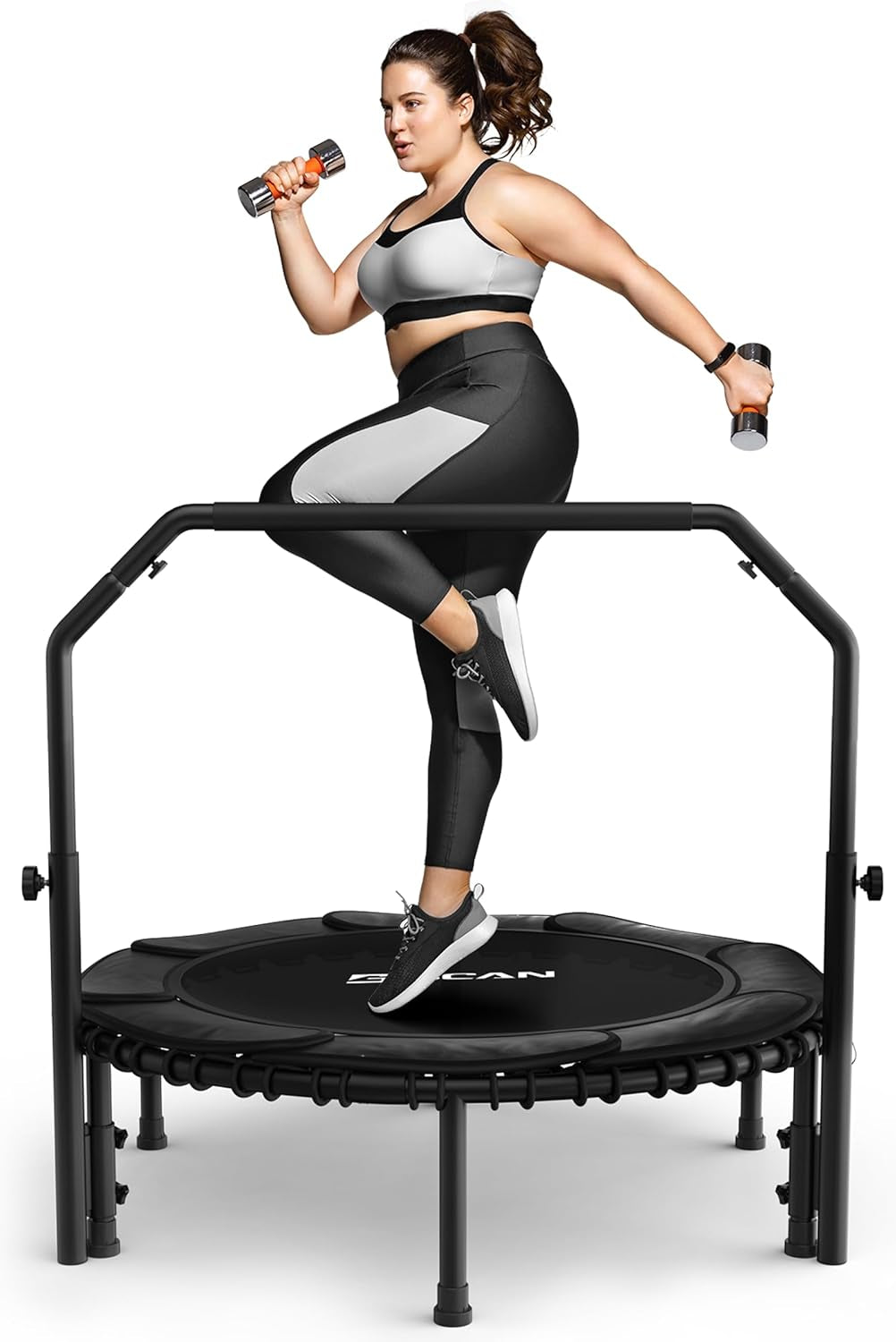 450/550 LBS Foldable Mini Trampoline, 40"/48"/50" Fitness Trampoline with Bungees, U/T Shape Adjustable Foam Handle, Stable & Quiet Exercise Rebounder for Kids Adults Indoor/Garden Workout