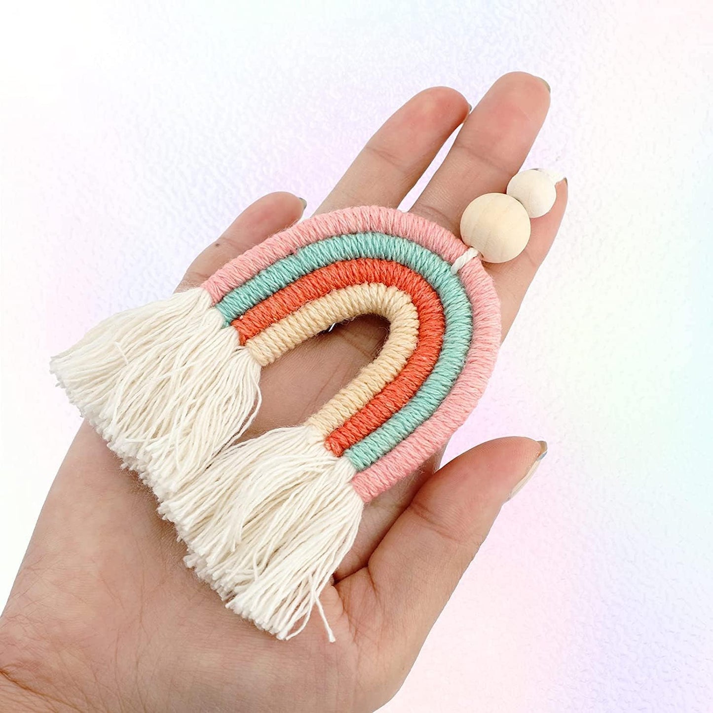1 Pc Macrame Rainbow Handmade Car Charm Colorful Essential Oil Cars Diffuser Rear View Mirror Hanger with Wooden Beads for Home Wall Car Decoration (Color 1)