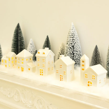 Ceramic Christmas Village Houses 5 Pcs White Christmas Houses & 9 Pcs Christmas Trees & Fake Snow Farmhouse Christmas Decorations Indoor for Home Table Mantle Fireplace