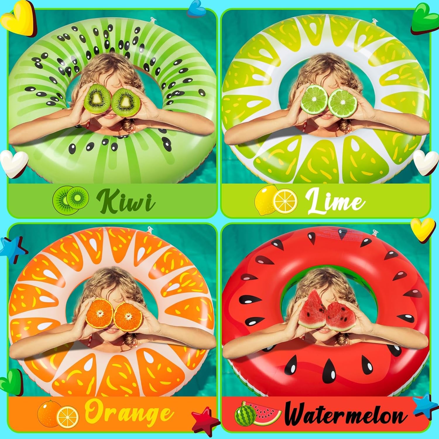7PCS Fruit Pool Floats: Watermelon Kiwi Orange Lemon Swimming Rings with 13.5" Beach Balls - Inflatable Tubes Floaties Toys for Kids Adults
