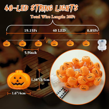 Halloween Lights, 20FT 40 Leds Pumpkin String Lights, Battery Operated 8 Lights Modes Timer 3D Waterproof Pumpkin String Lights for Halloween Decorations, Outdoor Indoor Decor Candy Party Favor