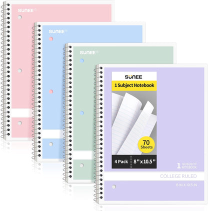 Spiral Notebooks College Ruled, 1-Subject, 4 Pack, 8 X 10-1/2 In, 70 Sheets, 3-Hole Punched Paper, Pastel Pink, Purple, Blue, Green for School, Home&Office,Writing Journal