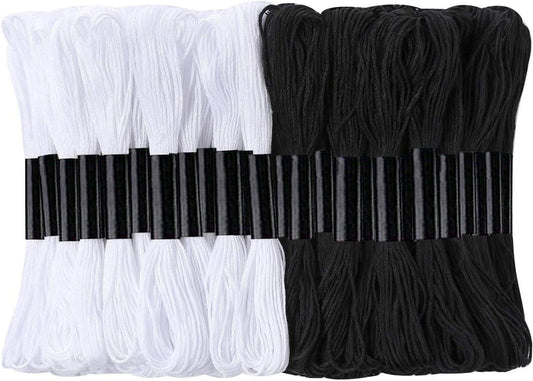 24 Skeins Cross Stitch Threads, Black and White Cotton Embroidery Floss Friendship Bracelets Floss with 12 Pieces Floss Bobbins for Knitting, Cross Stitch Project