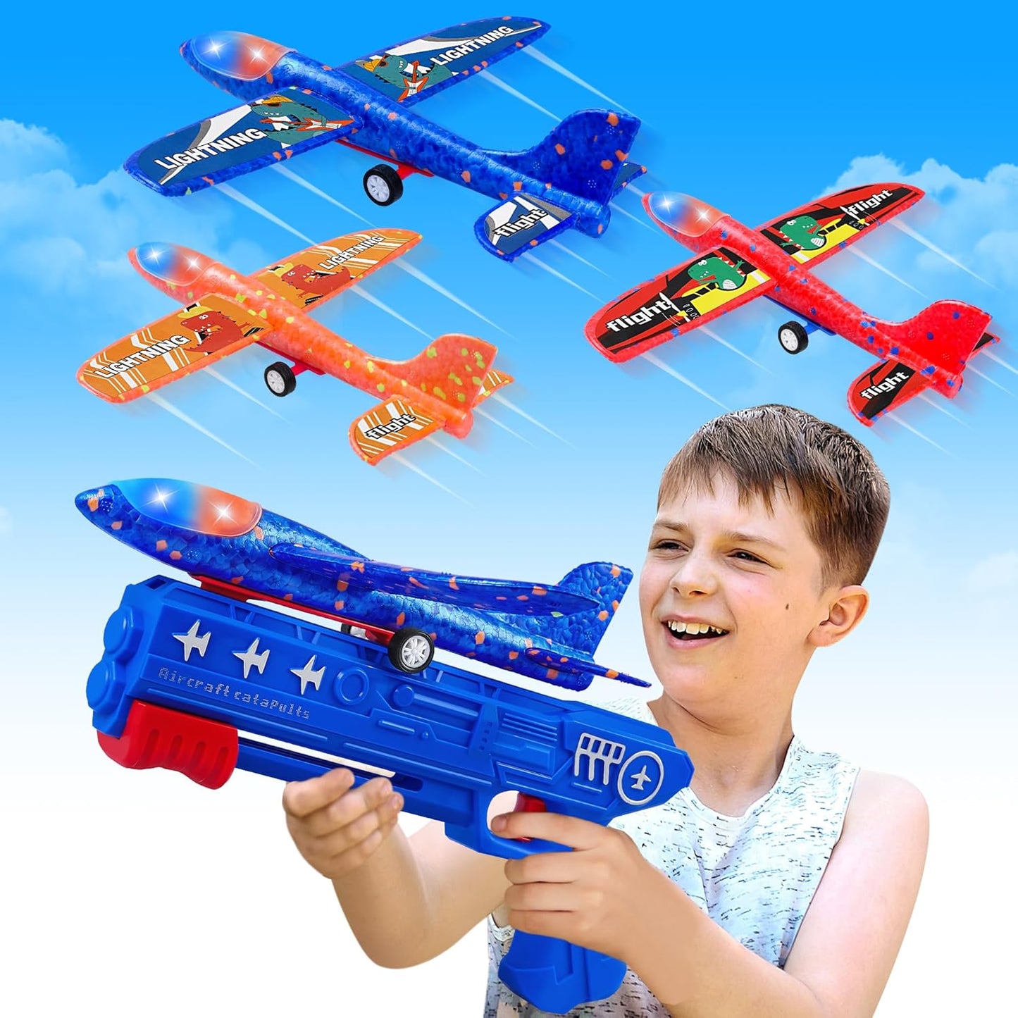 3 Pack Airplane Launcher Toys, 2 Flight Modes LED Foam Glider Catapult Plane, Outdoor Flying Toy for Kids, Birthday Gifts for Boy Girl 6+ Year Old, B-Day Party Supplies