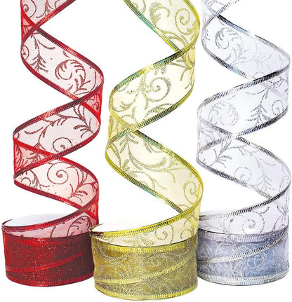 Christmas Ribbon Wired 1.5 Inch Set of 3 Ribbon Wire Red, Gold, Silver/White Sheer Organza Glitter Gift Wrapping, Xmas Tree Ribbons Decoration, Holiday Craft, Gifts Wrap 30 Yards / 10 Yard Ea. Roll