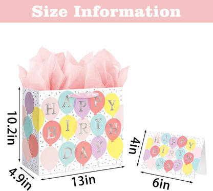 13" Large Happy Birthday Gift Bag with Tissue Paper and Card for Girls Kids Women Birthday (Colourful Balloon)