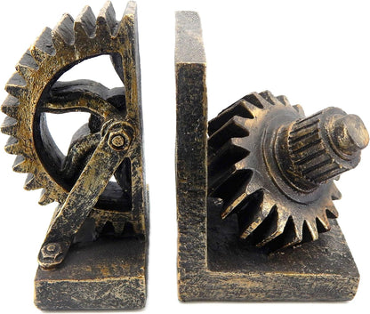 Decorative Bookend Gear Book Ends Industrial Rustic Vintage Unique Heavy Statues Bookshelves Support Home Decor Accents (Large)