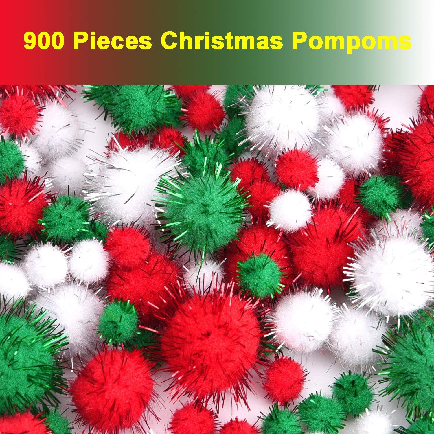 Christmas Pom Poms Pompoms Red Green White Glitter Fluffy Balls, DIY Art Crafts Decorations Supplies (4 Sizes, 900 Pieces)